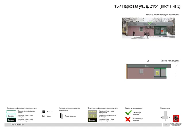 Архитектурная концепция размещения вывесок — 13-я парковая улица, 24/51, Москва, лист 1 из 3 · Документ по адресу · Архитектурно-художественная концепция · 2016 год