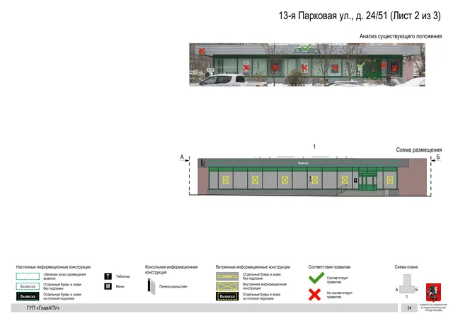 Архитектурная концепция размещения вывесок — 13-я парковая улица, 24/51, Москва, лист 2 из 3 · Документ по адресу · Архитектурно-художественная концепция · 2016 год