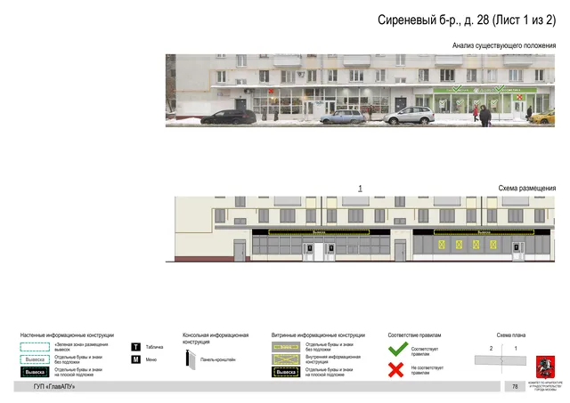 Архитектурная концепция размещения вывесок — Сиреневый бульвар, 28, Москва, лист 1 из 2 · Документ по адресу · Архитектурно-художественная концепция · 2016 год
