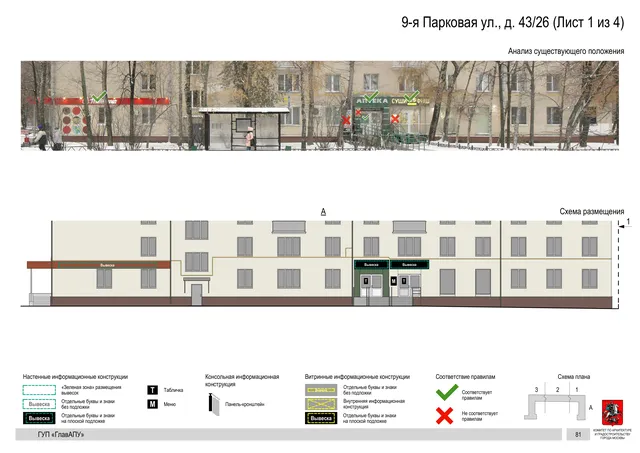 Архитектурная концепция размещения вывесок — 9-я парковая улица, 43/26, Москва, лист 1 из 4 · Документ по адресу · Архитектурно-художественная концепция · 2016 год