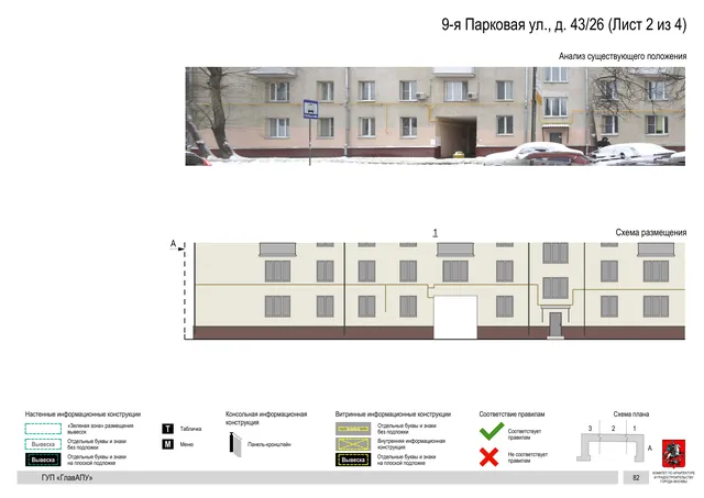 Архитектурная концепция размещения вывесок — 9-я парковая улица, 43/26, Москва, лист 2 из 4 · Документ по адресу · Архитектурно-художественная концепция · 2016 год