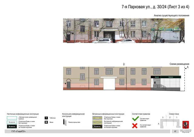 Архитектурная концепция размещения вывесок — 7-я парковая улица, 30/24, Москва, лист 3 из 4 · Документ по адресу · Архитектурно-художественная концепция · 2016 год