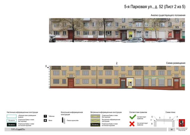 Архитектурная концепция размещения вывесок — 5-я парковая улица, 52, Москва, лист 2 из 5 · Документ по адресу · Архитектурно-художественная концепция · 2016 год