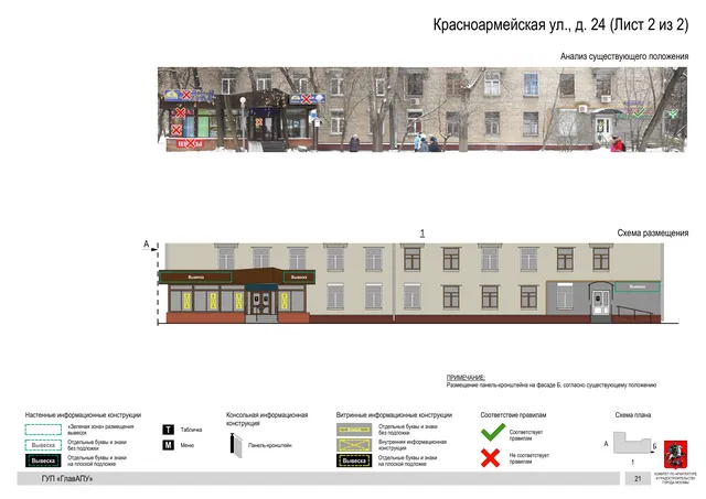 Архитектурная концепция размещения вывесок — Красноармейская улица, 24, Москва, лист 2 из 2 · Документ по адресу · Архитектурно-художественная концепция · 2016 год