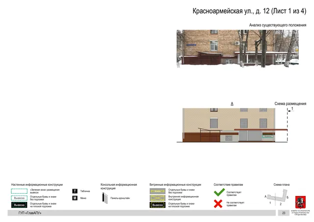 Архитектурная концепция размещения вывесок — Красноармейская улица, 12, Москва, лист 1 из 4 · Документ по адресу · Архитектурно-художественная концепция · 2016 год