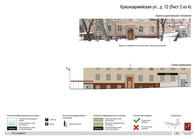 Архитектурная концепция размещения вывесок — Красноармейская улица, 12, Москва, лист 2 из 4 · Документ по адресу · Архитектурно-художественная концепция · 2016 год