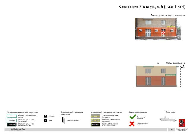 Архитектурная концепция размещения вывесок — Красноармейская улица, 5, Москва, лист 1 из 4 · Документ по адресу · Архитектурно-художественная концепция · 2016 год