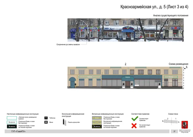 Архитектурная концепция размещения вывесок — Красноармейская улица, 5, Москва, лист 3 из 4 · Документ по адресу · Архитектурно-художественная концепция · 2016 год
