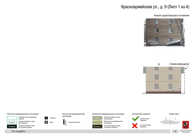 Архитектурная концепция размещения вывесок — Красноармейская улица, 9, Москва, лист 1 из 4 · Документ по адресу · Архитектурно-художественная концепция · 2016 год