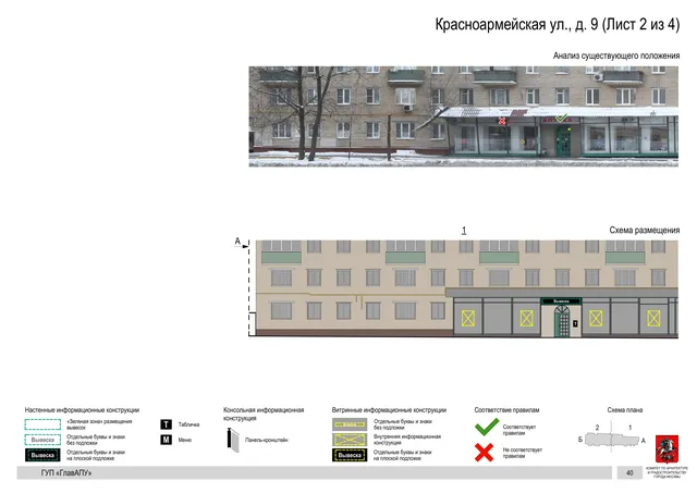 Архитектурная концепция размещения вывесок — Красноармейская улица, 9, Москва, лист 2 из 4 · Документ по адресу · Архитектурно-художественная концепция · 2016 год