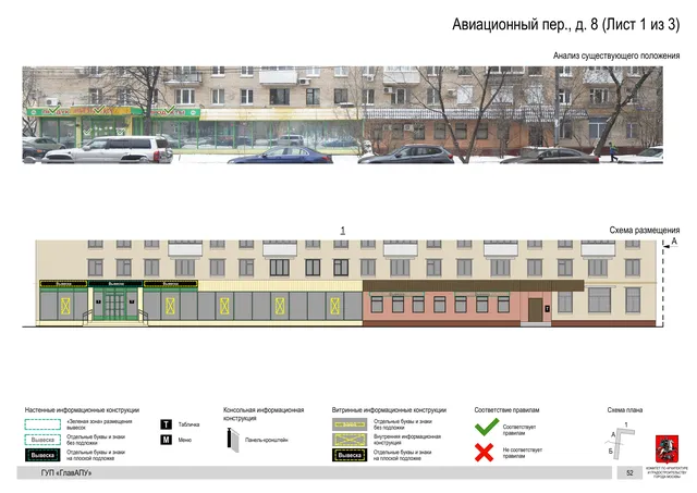 Архитектурная концепция размещения вывесок — Авиационный переулок, 8, Москва, лист 1 из 3 · Документ по адресу · Архитектурно-художественная концепция · 2016 год