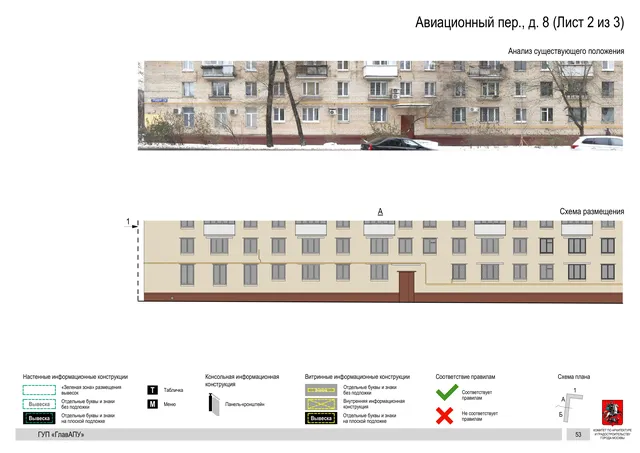 Архитектурная концепция размещения вывесок — Авиационный переулок, 8, Москва, лист 2 из 3 · Документ по адресу · Архитектурно-художественная концепция · 2016 год