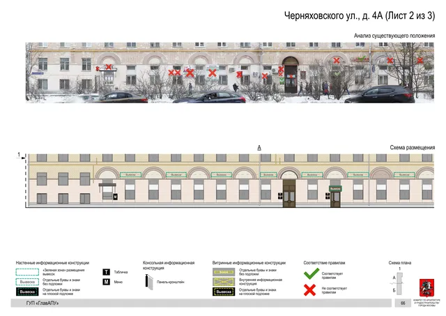Архитектурная концепция размещения вывесок — Черняховского улица, 4А, Москва, лист 2 из 3 · Документ по адресу · Архитектурно-художественная концепция · 2016 год
