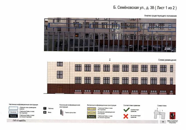 Архитектурная концепция размещения вывесок — Б семеновская улица, 38, Москва, лист 1 из 2 · Документ по адресу · АХК № 247 от 08.04.2019