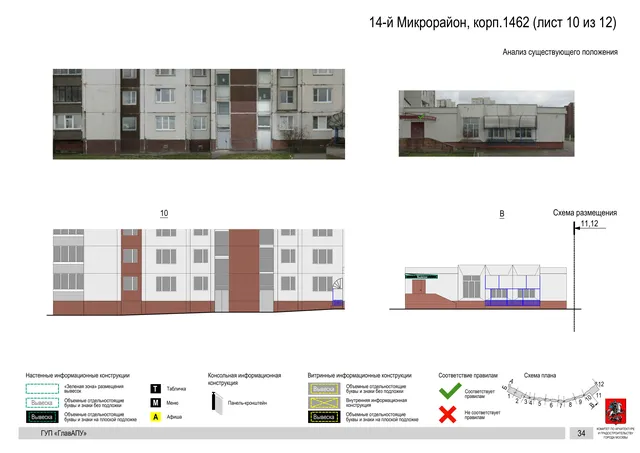 Архитектурная концепция размещения вывесок — 14-й микрорайон, корп. 1462, Москва, лист 10 из 12 · Документ по адресу · Архитектурно-художественная концепция · 2016 год