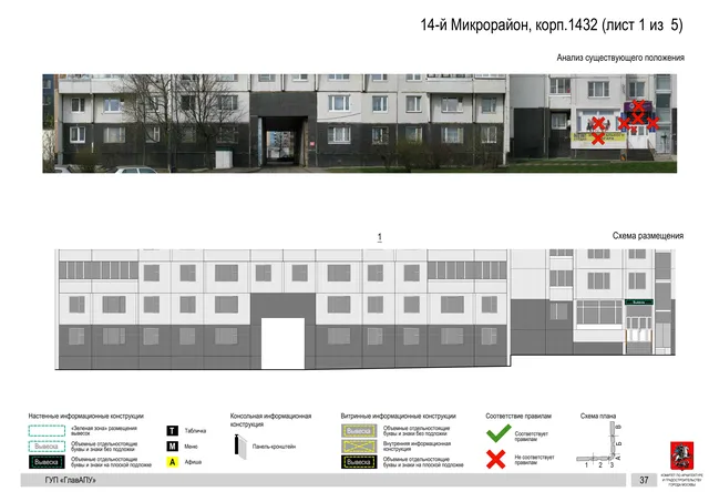 Архитектурная концепция размещения вывесок — 14-й микрорайон, корп. 1432, Москва, лист 1 из 5 · Документ по адресу · Архитектурно-художественная концепция · 2016 год