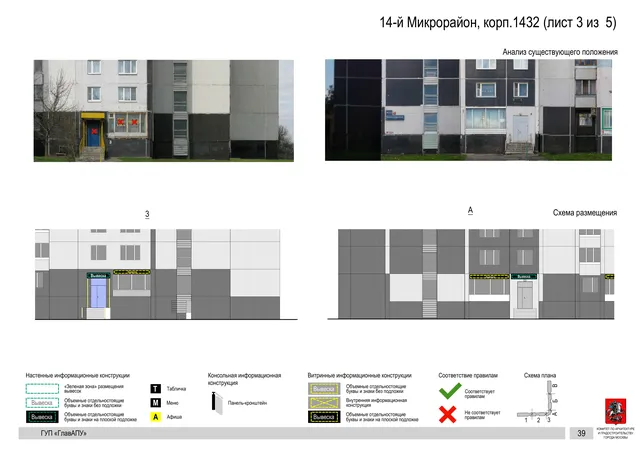 Архитектурная концепция размещения вывесок — 14-й микрорайон, корп. 1432, Москва, лист 3 из 5 · Документ по адресу · Архитектурно-художественная концепция · 2016 год