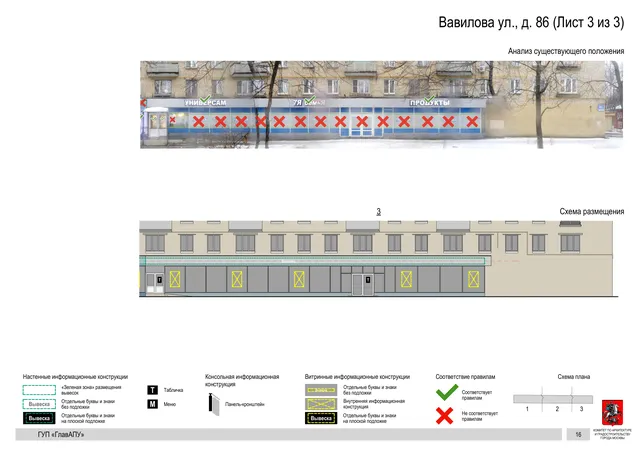 Архитектурная концепция размещения вывесок — Вавилова улица, 86, Москва, лист 3 из 3 · Документ по адресу · Архитектурно-художественная концепция · 2016 год