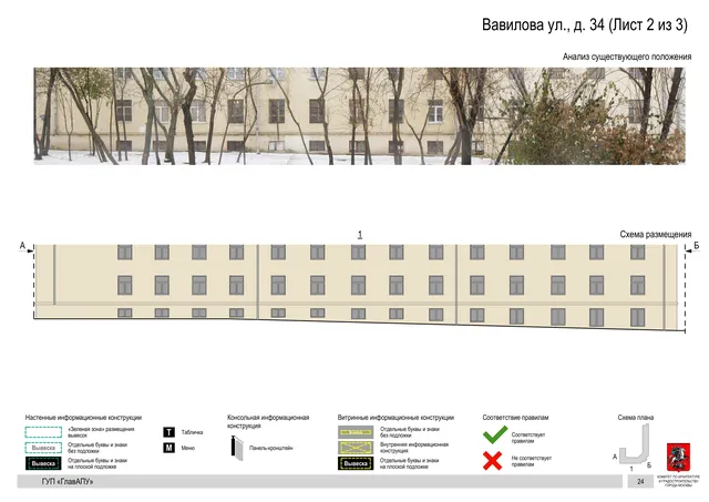 Архитектурная концепция размещения вывесок — Вавилова улица, 34, Москва, лист 2 из 3 · Документ по адресу · Архитектурно-художественная концепция · 2016 год