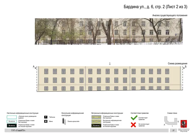 Архитектурная концепция размещения вывесок — Бардина улица, 6, стр. 2, Москва, лист 2 из 3 · Документ по адресу · Архитектурно-художественная концепция · 2016 год