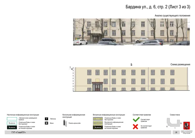 Архитектурная концепция размещения вывесок — Бардина улица, 6, стр. 2, Москва, лист 3 из 3 · Документ по адресу · Архитектурно-художественная концепция · 2016 год