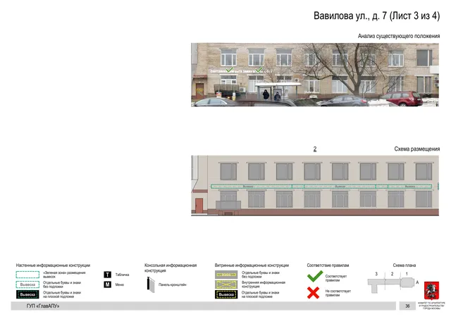 Архитектурная концепция размещения вывесок — Вавилова улица, 7, Москва, лист 3 из 4 · Документ по адресу · Архитектурно-художественная концепция · 2016 год