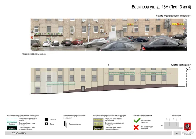 Архитектурная концепция размещения вывесок — Вавилова улица, 13А, Москва, лист 3 из 4 · Документ по адресу · Архитектурно-художественная концепция · 2016 год