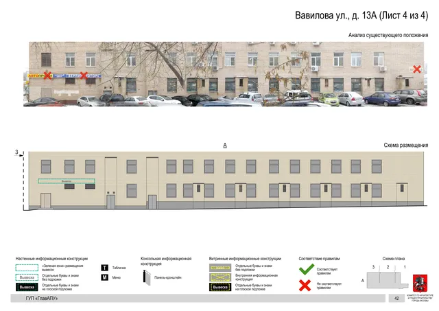 Архитектурная концепция размещения вывесок — Вавилова улица, 13А, Москва, лист 4 из 4 · Документ по адресу · Архитектурно-художественная концепция · 2016 год