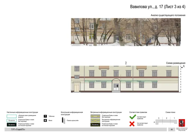 Архитектурная концепция размещения вывесок — Вавилова улица, 17, Москва, лист 3 из 4 · Документ по адресу · Архитектурно-художественная концепция · 2016 год