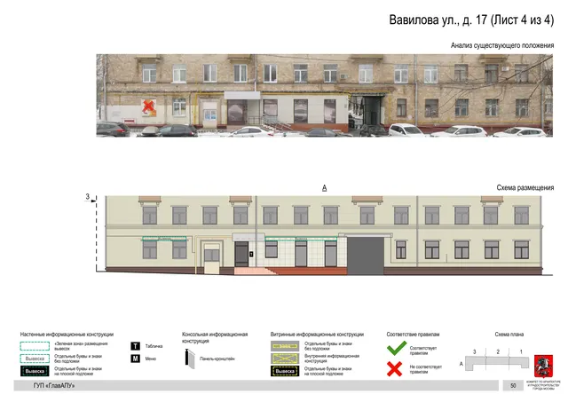 Архитектурная концепция размещения вывесок — Вавилова улица, 17, Москва, лист 4 из 4 · Документ по адресу · Архитектурно-художественная концепция · 2016 год