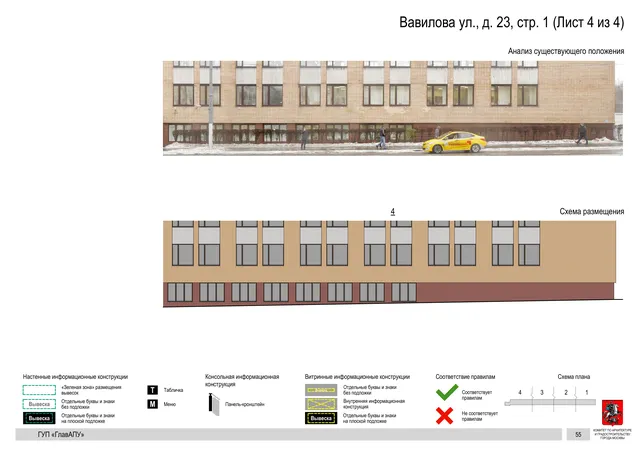 Архитектурная концепция размещения вывесок — Вавилова улица, 23, стр. 1, Москва, лист 4 из 4 · Документ по адресу · Архитектурно-художественная концепция · 2016 год
