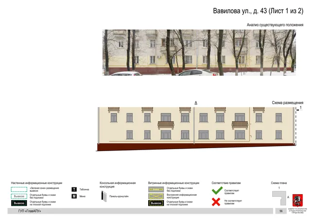 Архитектурная концепция размещения вывесок — Вавилова улица, 43, Москва, лист 1 из 2 · Документ по адресу · Архитектурно-художественная концепция · 2016 год