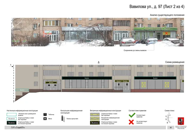 Архитектурная концепция размещения вывесок — Вавилова улица, 97, Москва, лист 2 из 4 · Документ по адресу · Архитектурно-художественная концепция · 2016 год