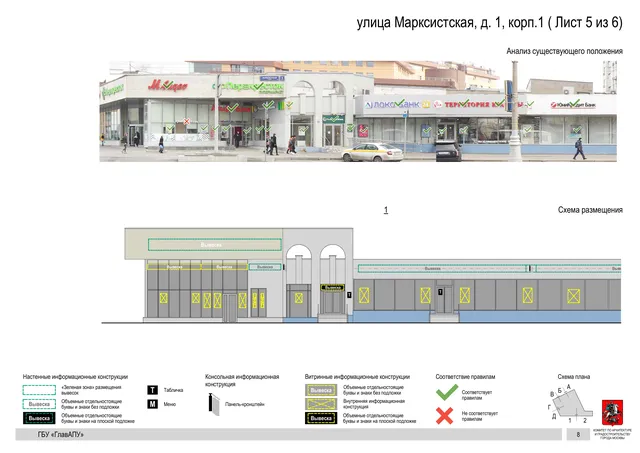 Архитектурная концепция размещения вывесок — Марксистская улица, 1, корп. 1, Москва, лист 5 из 6 · Документ по адресу · Архитектурно-художественная концепция · 2019 год