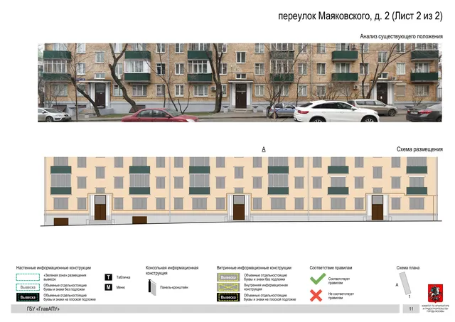 Архитектурная концепция размещения вывесок — Маяковского переулок, 2, Москва, лист 2 из 2 · Документ по адресу · Архитектурно-художественная концепция · 2019 год