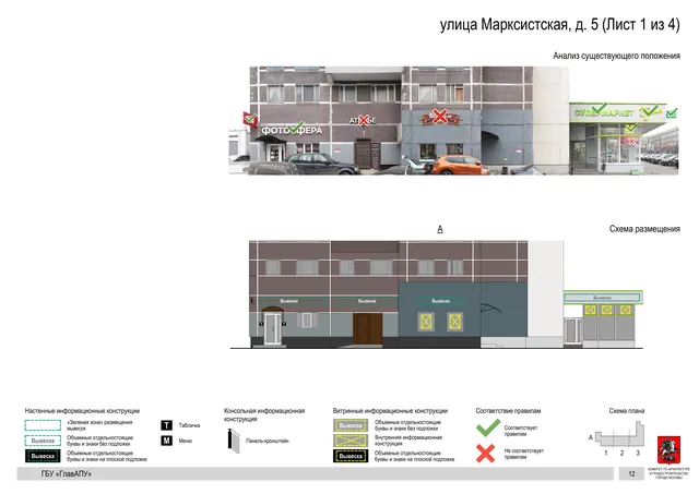 Архитектурная концепция размещения вывесок — Марксистская улица, 5, Москва, лист 1 из 4 · Документ по адресу · Архитектурно-художественная концепция · 2019 год