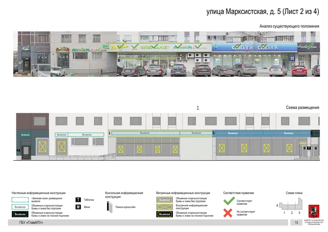 Архитектурная концепция размещения вывесок — Марксистская улица, 5, Москва, лист 2 из 4 · Документ по адресу · Архитектурно-художественная концепция · 2019 год