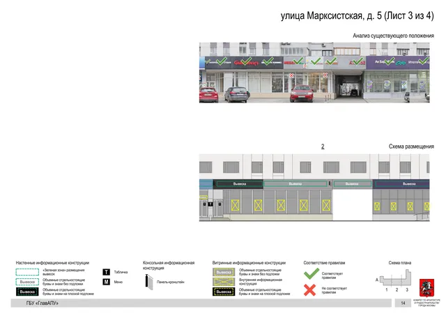 Архитектурная концепция размещения вывесок — Марксистская улица, 5, Москва, лист 3 из 4 · Документ по адресу · Архитектурно-художественная концепция · 2019 год