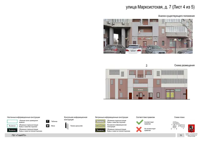 Архитектурная концепция размещения вывесок — Марксистская улица, 7, Москва, лист 4 из 5 · Документ по адресу · Архитектурно-художественная концепция · 2019 год