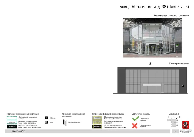 Архитектурная концепция размещения вывесок — Марксистская улица, 38, Москва, лист 3 из 5 · Документ по адресу · Архитектурно-художественная концепция · 2019 год