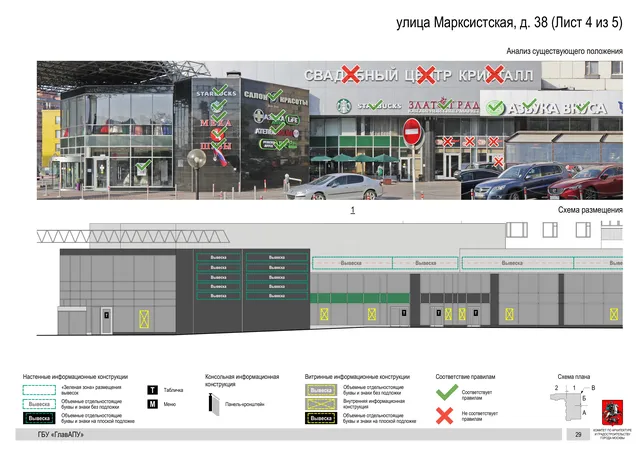 Архитектурная концепция размещения вывесок — Марксистская улица, 38, Москва, лист 4 из 5 · Документ по адресу · Архитектурно-художественная концепция · 2019 год