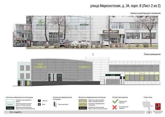 Архитектурная концепция размещения вывесок — Марксистская улица, 34, корп. 8, Москва, лист 2 из 2 · Документ по адресу · Архитектурно-художественная концепция · 2019 год