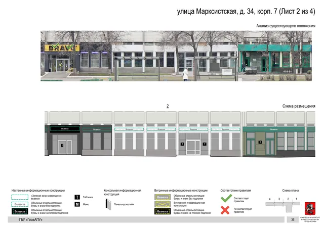 Архитектурная концепция размещения вывесок — Марксистская улица, 34, корп. 7, Москва, лист 2 из 4 · Документ по адресу · Архитектурно-художественная концепция · 2019 год