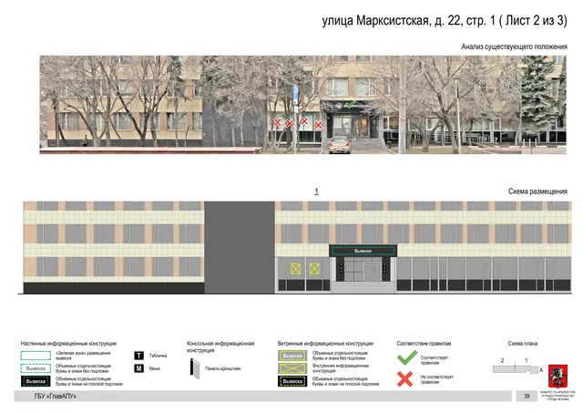 Архитектурная концепция размещения вывесок — Марксистская улица, 22, стр. 1, Москва, лист 2 из 3 · Документ по адресу · Архитектурно-художественная концепция · 2019 год