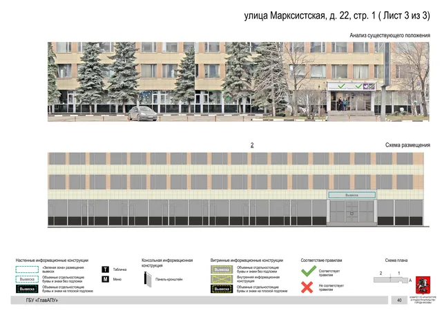 Архитектурная концепция размещения вывесок — Марксистская улица, 22, стр. 1, Москва, лист 3 из 3 · Документ по адресу · Архитектурно-художественная концепция · 2019 год