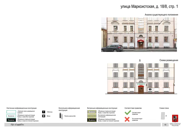 Архитектурная концепция размещения вывесок — Марксистская улица, 18/8, стр. 1, Москва, страница PDF 46 · Документ по адресу · Архитектурно-художественная концепция · 2019 год