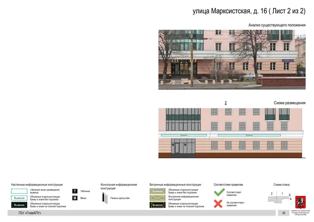 Архитектурная концепция размещения вывесок — Марксистская улица, 16, Москва, лист 2 из 2 · Документ по адресу · Архитектурно-художественная концепция · 2019 год