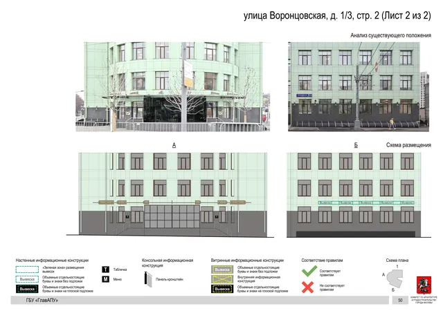 Архитектурная концепция размещения вывесок — Воронцовская улица, 1/3, стр. 2, Москва, лист 2 из 2 · Документ по адресу · Архитектурно-художественная концепция · 2019 год