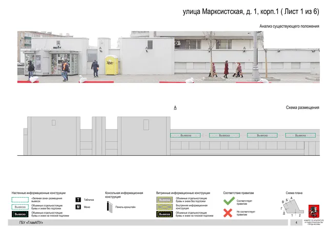 Архитектурная концепция размещения вывесок — Марксистская улица, 1, корп. 1, Москва, лист 1 из 6 · Документ по адресу · Архитектурно-художественная концепция · 2019 год