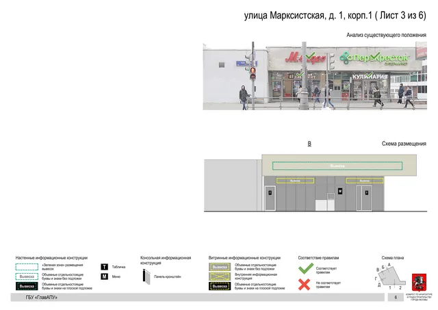 Архитектурная концепция размещения вывесок — Марксистская улица, 1, корп. 1, Москва, лист 3 из 6 · Документ по адресу · Архитектурно-художественная концепция · 2019 год